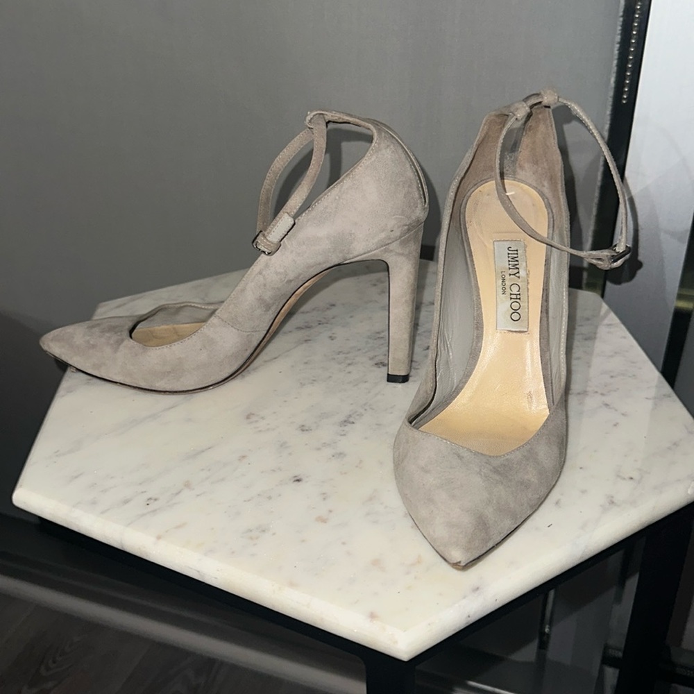 Jimmy Choo Light Gray Suede Heels with Pom Pom